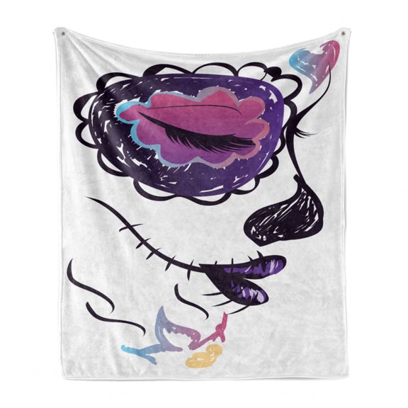 Day of the Dead Soft Flannel Fleece Blanket, Sugar Skull Girl Face with Make up Hand Drawn Mexican Artwork, Cozy Plush for Indoor and Outdoor Use, 50" x 70", Pale Orange Plum Seafoam, by Ambesonne
