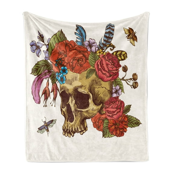 Day of the Dead Soft Flannel Fleece Blanket, Vintage Sugar Skull Bouquet of Flowers Feathers Blooms Bugs and Bees Print, Cozy Plush for Indoor and Outdoor Use, 50" x 60", Multicolor, by Ambesonne