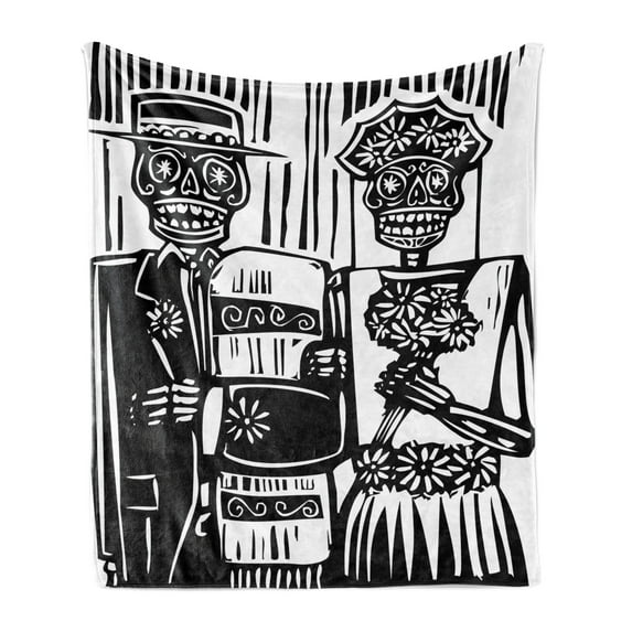 Day of the Dead Soft Flannel Fleece Blanket, Woodcut Style Skeleton Couple Wedding in Cemetery Image with Bride Groom, Cozy Plush for Indoor and Outdoor Use, 50" x 70", Black White, by Ambesonne