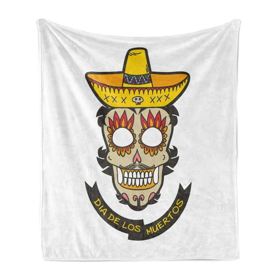 Day of the Dead Soft Flannel Fleece Throw Blanket, Colorful Skull with Sombrero and Moustache Eyes Art, Cozy Plush for Indoor and Outdoor Use, 70" x 90", Yellow White Ivory, by Ambesonne