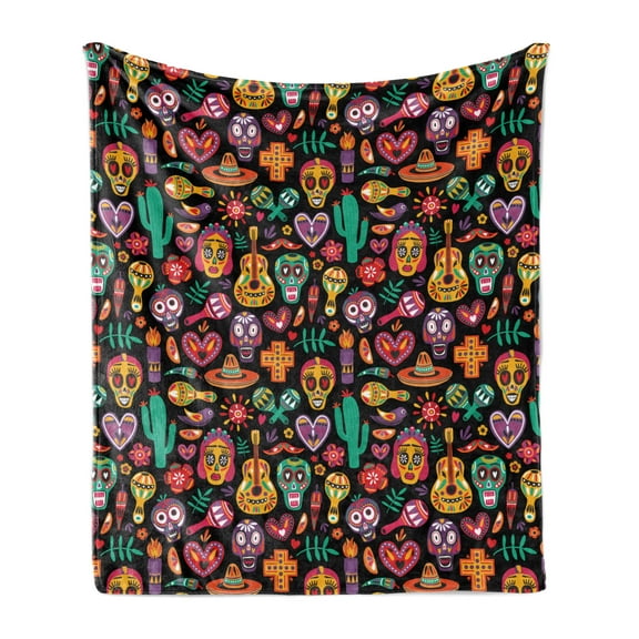 Day of the Dead Soft Flannel Fleece Throw Blanket, Continuous Sugar Skull Flowers Pepper and Maracas Pattern, Cozy Plush for Indoor and Outdoor Use, 50" x 70", Charcoal Grey Multicolor, by Ambesonne