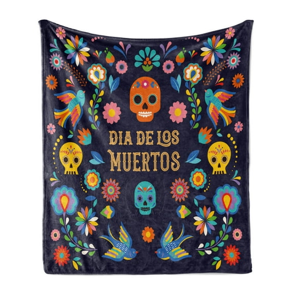 Day of the Dead Soft Flannel Fleece Throw Blanket, Dia de los Muertos Illustration with Folkloric Skulls and Flowers, Cozy Plush for Indoor and Outdoor Use, 50" x 60", Indigo Multicolor, by Ambesonne