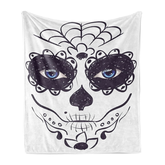Day of the Dead Soft Flannel Fleece Throw Blanket, Dia de los Muertos Sugar Skull Girl Face Make up Print, Cozy Plush for Indoor and Outdoor Use, 60" x 80", Black White and Blue, by Ambesonne