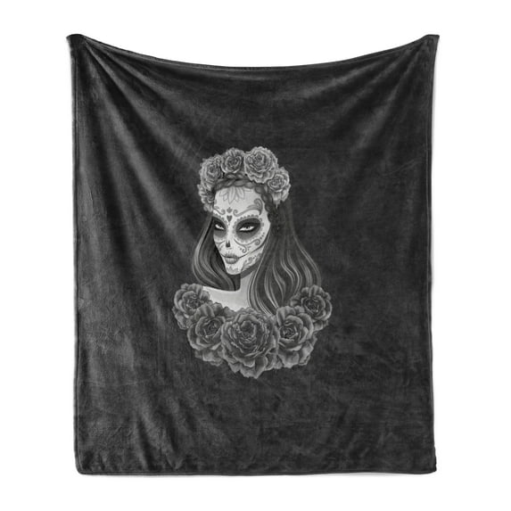 Day of the Dead Soft Flannel Fleece Throw Blanket, Gothic Young Girl in Calavera Make up Hairstyle Roses, Cozy Plush for Indoor and Outdoor Use, 50" x 60", Charcoal Grey Pale Grey, by Ambesonne