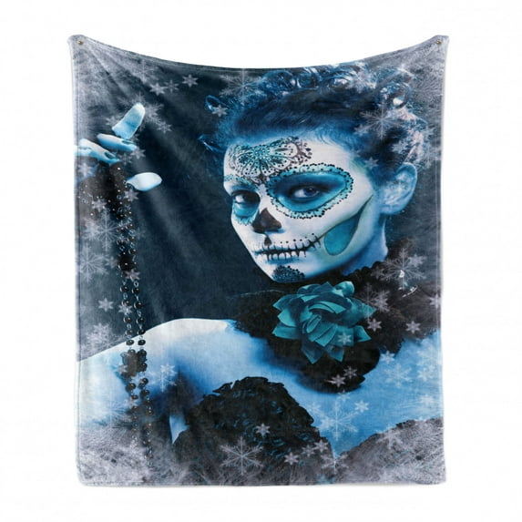 Day of the Dead Soft Flannel Fleece Throw Blanket, Mexican Celebration with Roses Snowflakes Dead Art, Cozy Plush for Indoor and Outdoor Use, 50" x 70", Pale Grey and Pale Blue, by Ambesonne