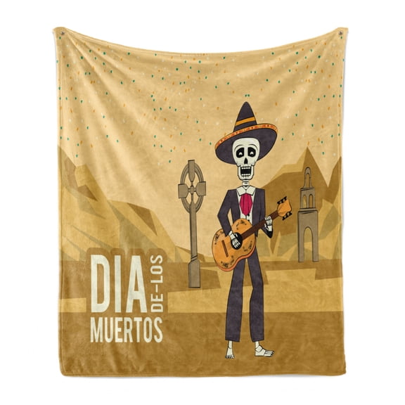 Day of the Dead Soft Flannel Fleece Throw Blanket, Mexican Culture Cartoon of Skeleton Plays Guitar in Clothes, Cozy Plush for Indoor and Outdoor Use, 50" x 60", Sand Brown Multicolor, by Ambesonne