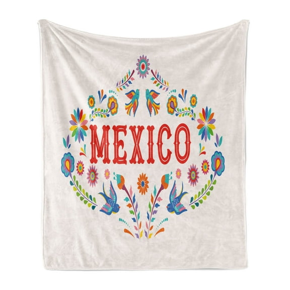 Day of the Dead Soft Flannel Fleece Throw Blanket, Mexico Typography in Colorful Flowers and Birds Print, Cozy Plush for Indoor and Outdoor Use, 70" x 90", Champagne and Multicolor, by Ambesonne
