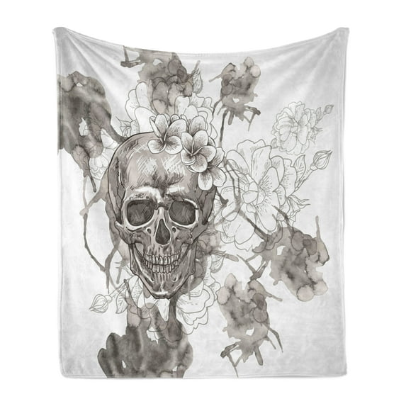 Day of the Dead Soft Flannel Fleece Throw Blanket, Painting Skull Flowers Dia de Los Muertos Designed Print, Cozy Plush for Indoor and Outdoor Use, 50" x 70", Dimgrey and White, by Ambesonne