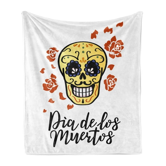 Day of the Dead Soft Flannel Fleece Throw Blanket, Roses Sugar Skull and Mexican Calligraphy, Cozy Plush for Indoor and Outdoor Use, 50" x 70", Cinnamon Mustard, by Ambesonne