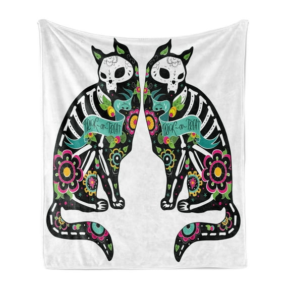 Day of the Dead Soft Flannel Fleece Throw Blanket, Skeleton Cats Celebration Theme Spanish Art Print, Cozy Plush for Indoor and Outdoor Use, 60" x 80", Turquoise White, by Ambesonne