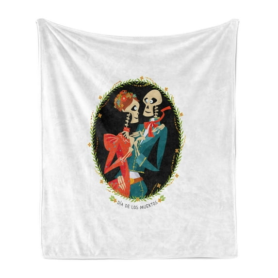Day of the Dead Soft Flannel Fleece Throw Blanket, Skeleton Couple in Love Oval Frame with Green Leaves Mexican Tradition, Cozy Plush for Indoor and Outdoor Use, 70" x 90", Multicolor, by Ambesonne