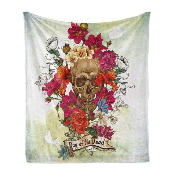 Day of the Dead Soft Flannel Fleece Throw Blanket, Skull Dead Head with Flowers Daisies Spanish Tradition Celebration, Cozy Plush for Indoor and Outdoor Use, 50" x 60", Multicolor, by Ambesonne