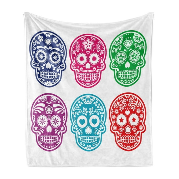 Day of the Dead Soft Flannel Fleece Throw Blanket, Skull Oriental Mexican Sugar for Day, Cozy Plush for Indoor and Outdoor Use, 50" x 70", Turquoise Fuchsia, by Ambesonne