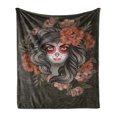 thumbnail image 1 of Day of the Dead Soft Flannel Fleece Throw Blanket, Spanish Woman with Calavera Makeup Art and Flower Blooms, Cozy Plush for Indoor and Outdoor Use, 50" x 60", Army Green Salmon, by Ambesonne, 1 of 6