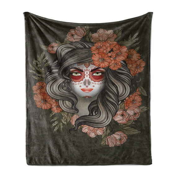 Day of the Dead Soft Flannel Fleece Throw Blanket, Spanish Woman with Calavera Makeup Art and Flower Blooms, Cozy Plush for Indoor and Outdoor Use, 50" x 70", Army Green Salmon, by Ambesonne