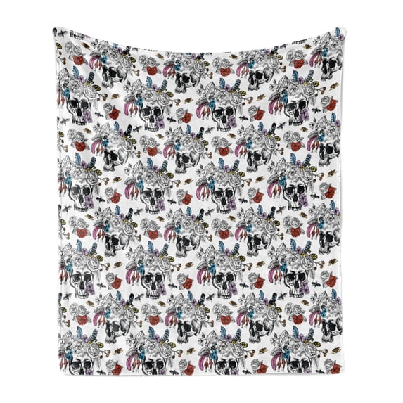 Day of the Dead Soft Flannel Fleece Throw Blanket, Sugar Skull Flowers Pattern Vintage Rose Bouquet and Bees Retro Print, Cozy Plush for Indoor and Outdoor Use, 70" x 90", Multicolor, by Ambesonne