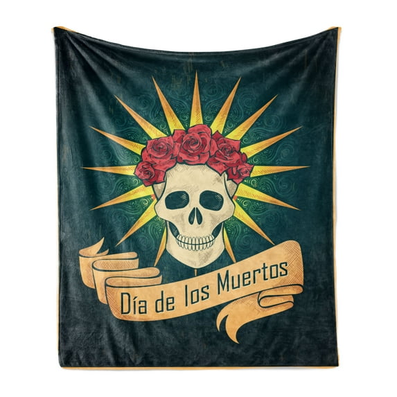 Day of the Dead Soft Flannel Fleece Throw Blanket, Sugar Skull Roses and Dia de los Muertos Print Grunge Style Artwork, Cozy Plush for Indoor and Outdoor Use, 50" x 70", Dark Teal, by Ambesonne