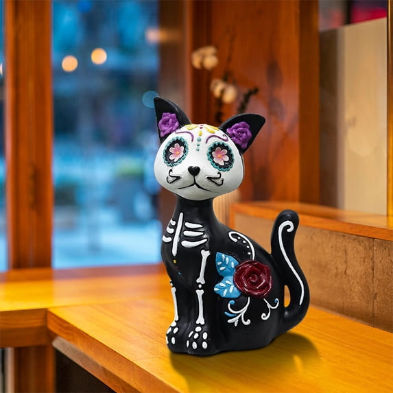Day of the Dead Sugar Skull Black Cat Figurine Skeleton Kitty with Rose & Floral Ornaments Spooky-Cute Dia de Los Muertos Halloween Decor for Mantel Tiered Tray