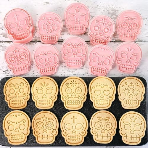 Day of the Dead Sugar Skull Cookie Cutters Set, 10-Piece Da de los Muertos Halloween Cookie Mold Kit, Reusable Embossed Skull Face Biscuit Stamps (Sugar Skull)$$Home Decor, Kitchen, & Other