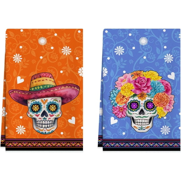 Day of The Dead Sugar Skull Dish Towels Set of 2 Home Decor 18x26 Inch | Skeleton Couple Sombrero Stripes Dia De Los Muertos Mexican Printed Pattern Hand Towels Drying Dishcloth Kitchen Decorations