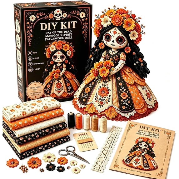 Day of the Dead Sugar Skull Doll DIY Craft Kit, "Stitch Your Soul" Dia de los Muertos Patchwork Sewing Set for Adults, Premium Handmade Fall Decor & Collectible Halloween Gift