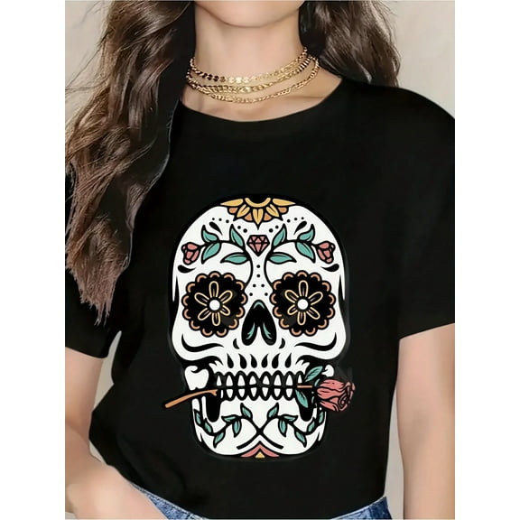 Day Of The Dead Sugar Skull T-Shirt For Women - Vibrant Floral Mexican Calavera Design, Halloween And Dia De Los Muertos Festival Rel, Casual Graphic Tee For Celebrations And