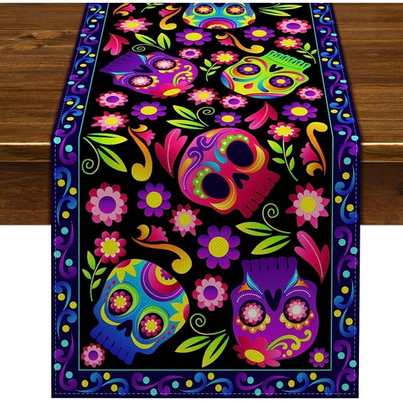 Day of The Dead Table Runner Sugar Skull Dia De Los Muertos Decoration Mexican Fiesta Halloween Theme Party Supply Linen Kitchen Dining Room Home Decor (13.8" x 90")