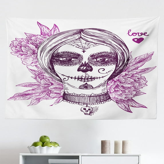 Day of The Dead Tapestry, Mexican Hat Skull Roses Art Print, Fabric Wall Hanging Decor for Bedroom Living Room Dorm, 2 Sizes, Petrol Blue Turquoise, by Ambesonne