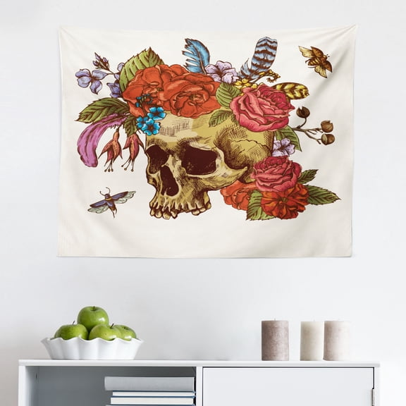 Day of The Dead Tapestry, Sugar Skull Flowers Pattern Vintage Rose Bouquet and Bees Retro Print, Fabric Wall Hanging Decor for Bedroom Living Room Dorm, 2 Sizes, Multicolor, by Ambesonne
