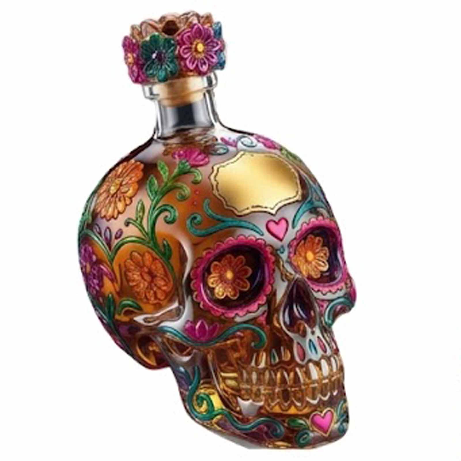 Day Of The Dead Tequila Bottle, Painted Glass Skull Decanter – Gothic Skull Tequila Decanter For Bar, Halloween, Dia De Los Muertos, Perfect For Collectors & Tequila Lovers