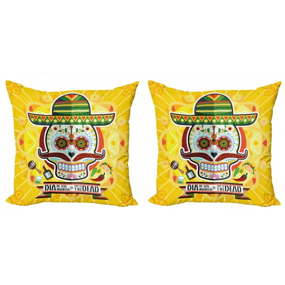 Ambesonne Colorful Throw Pillow Cover 2 Pack, Mexican Sugar Skull, 24", Yellow