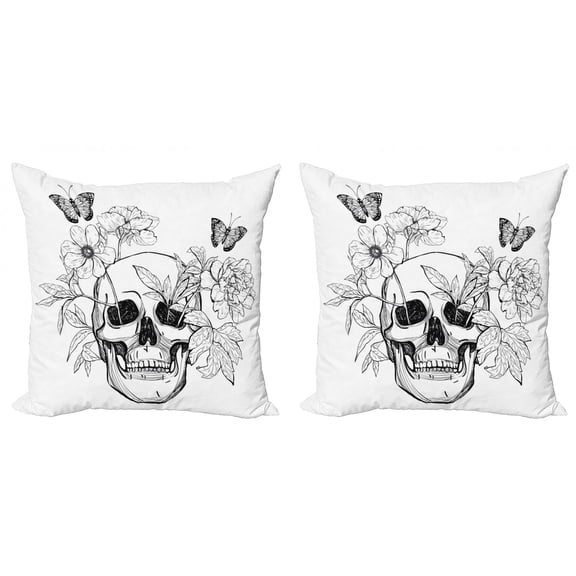 Ambesonne Floral Throw Pillow Cover 2 Pack, Skulls Butterflies, 20", Black and White