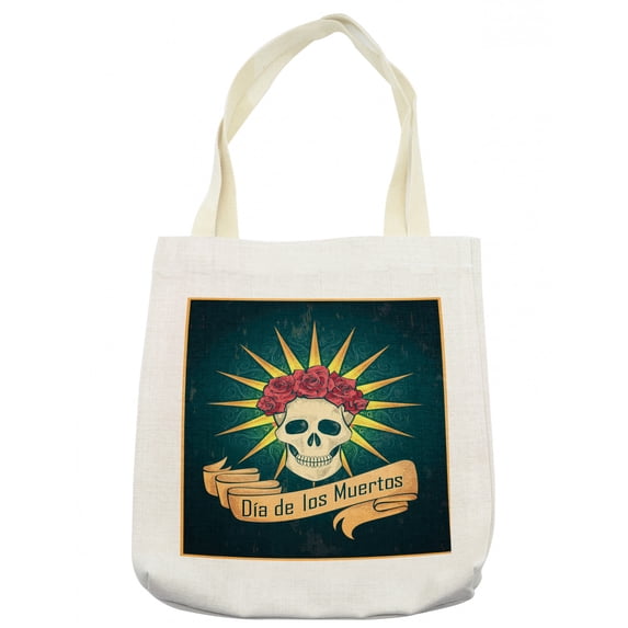Day of the Dead Tote Bag, Sugar Skull Roses and Dia de los Muertos Print Grunge Style Artwork, Cloth Linen Reusable Bag for Shopping Books Beach and More, 16.5" X 14", Cream, by Ambesonne