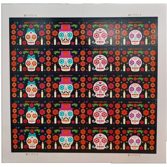Day of the Dead USPS Forever Postage Stamp 1 Sheet of 20 US First Class Postal Celebrate Halloween Sugar Skull Family Flower Announcement Wedding Holiday (20 Stamps)