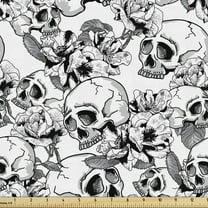 Ambesonne Celebration Fabric by the Yard Upholstery, Sketch Dead Skull, 10 Yards, Black and White