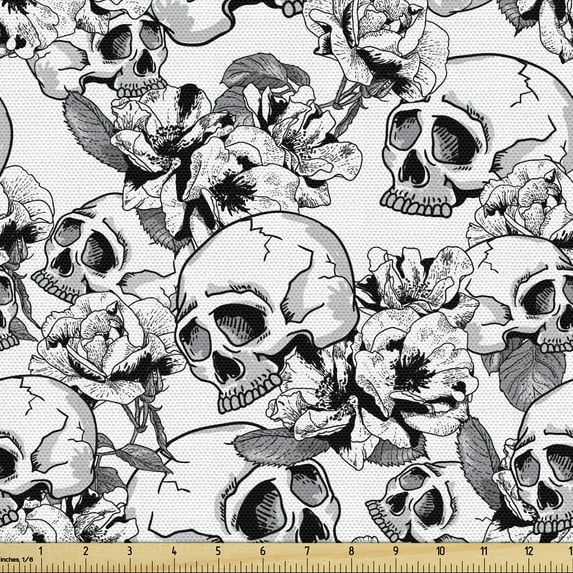 Ambesonne Celebration Fabric by the Yard Upholstery, Sketch Dead Skull, 5 Yards, Black and White