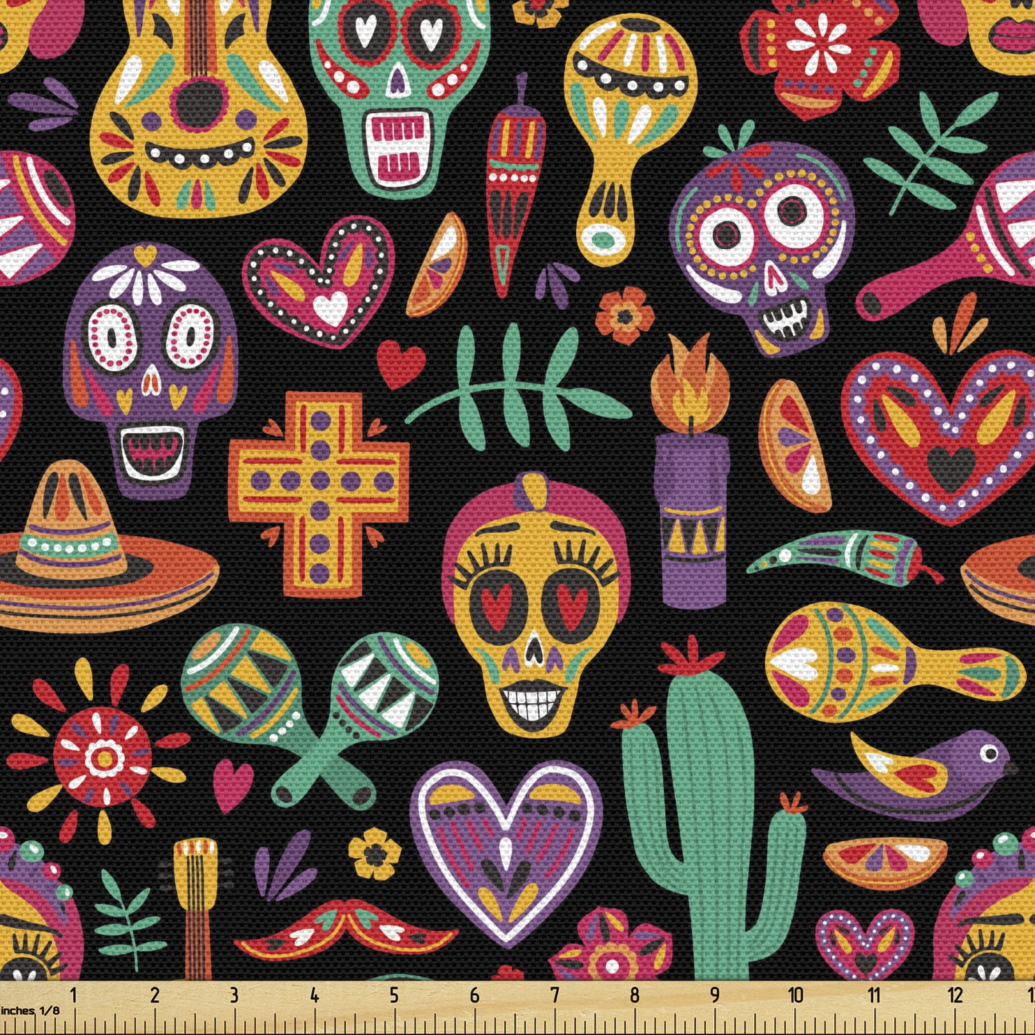 Ambesonne Day of the Dead Fabric by the Yard Upholstery, Skull Flower ...