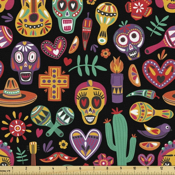 Ambesonne Day of the Dead Fabric by the Yard Upholstery, Skull Flower Pepper, 1 Yard, Charcoal Grey Multicolor