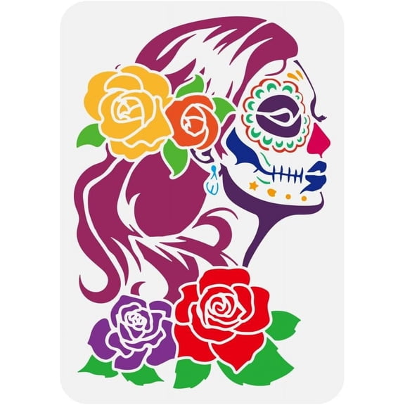 Day of The Dead Woman Stencil for Painting 8.3x11.7inch Hollowed Elegant Woman Template Decorative Rose Woman Painting Stencil Rose Flowers Template Day of The Dead Theme Stencil Skeleton for DIY