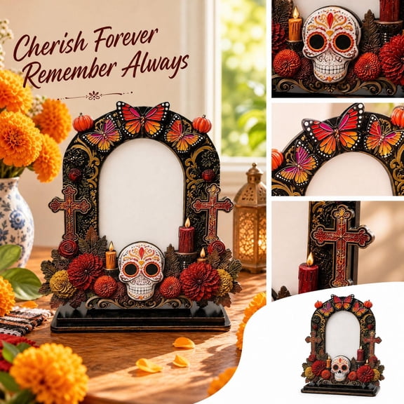 Day of the Dead Wooden Photo Frame, Dia De Los Muertos Tabletop Picture Frame with Sugar Skull, Butterfly, Flower and Candle Details, Mexican Altar Ofrenda Memorial Photo Holder for Home Table Decor