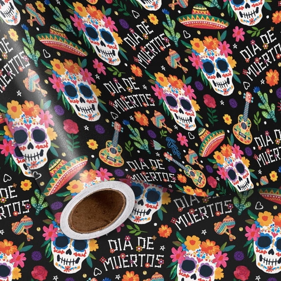 Day of the Dead Wrapping Paper Roll, Colorful Sugar Skulls Maracas Flowers Sombreros Design, Día de Muertos Gift Wrap in Black, Mini Roll 17 in x 16.4 Ft