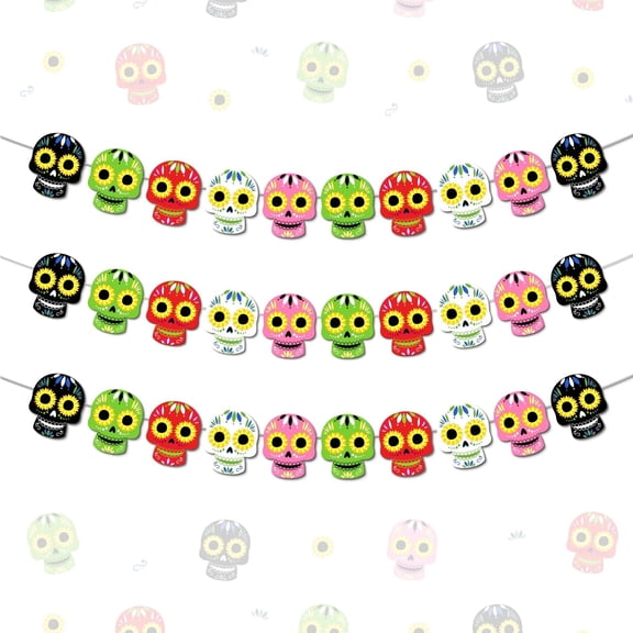 Day of The Death Theme Skull Banner Colorful Dia De Los Muertos Party Decorations Mexican Sugar Skull Flowers Garland Bunting Banner for Mexican Fiesta Day of The Death Party Decor Supplies
