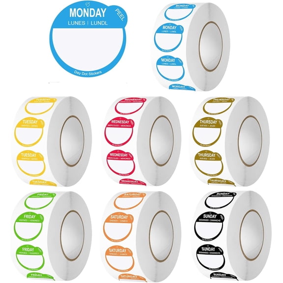 Day Dots Food Labels, 1 Inch 7000 Pcs Removable Date Stickers for Food, 7 Rolls Labels Restaurant Kitchen Containers, Self Adhesive Dot Sticker