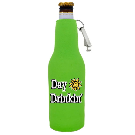 Day Drinkin' Beer Bottle Coolie With Opener (Neon Green)
