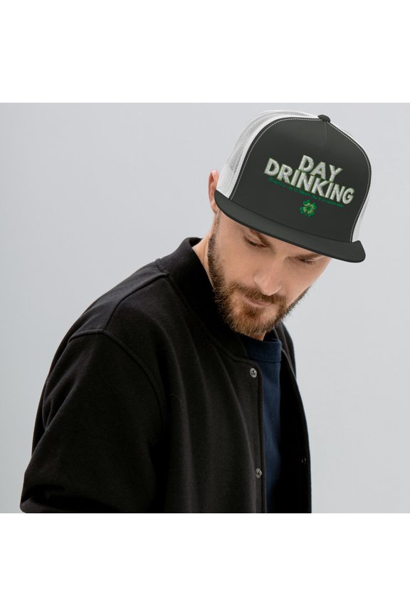Day Drinking St patrick's Day Fun Green, White, Black and other Colors, Flat Bill and Mesh Trucker Cap, Fun Hat Gift (Charcoal/ White)