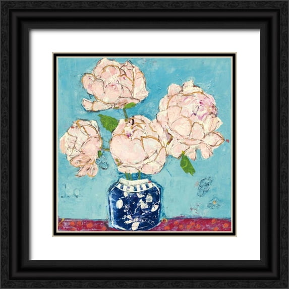 Day, Kellie 15x15 Black Ornate Wood Framed with Double Matting Museum Art Print Titled - Vase of Peonies Aqua Coral