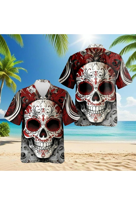 Day Of Dead Red Sugar Skull Hawaiian Shirt for Men, Button Down Summer Beach Short Sleeve, Vintage Style, Size S-5XL
