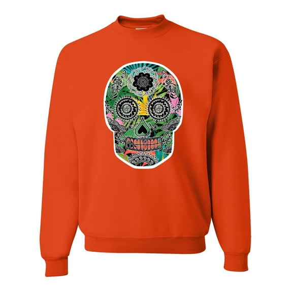 Day Of The Dead Calavera Skull Colorful Trippy | Mens Pop Culture Crewneck Graphic Sweatshirt, Orange, 3XL