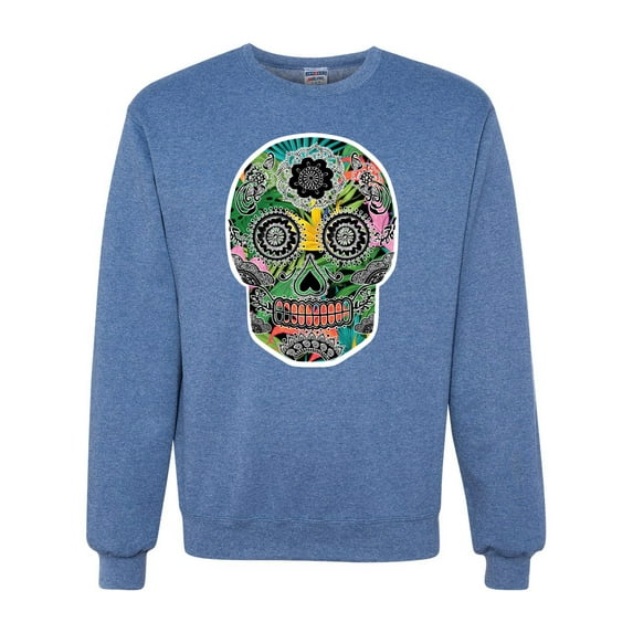 Day Of The Dead Calavera Skull Colorful Trippy | Mens Pop Culture Crewneck Graphic Sweatshirt, Vintage Heather Blue, Small
