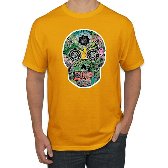 Day Of The Dead Calavera Skull Colorful Trippy | Mens Pop Culture Graphic T-Shirt, Gold, Small